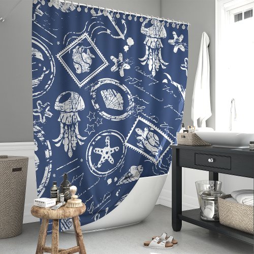 Shower Curtains 4 Vintage Navy Blue Nautical Sea Stamp Shower Curtain