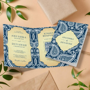 Vintage Navy Blue Paisley Indian QR Code Wedding Invitation