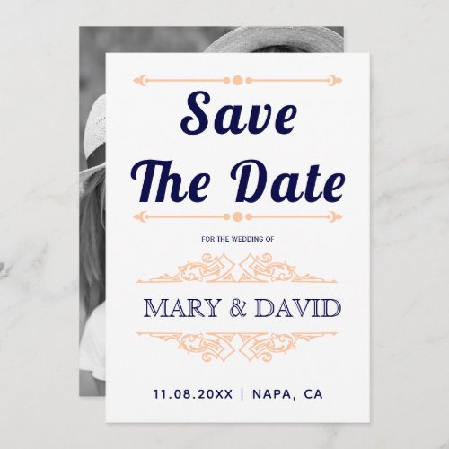 Vintage navy blue peach typography Save the Date