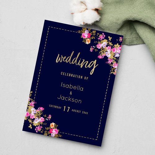 Vintage navy blue pink gold floral menu