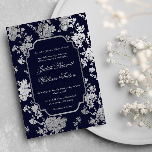 Vintage Navy Blue Silver Floral Pattern Wedding Invitation