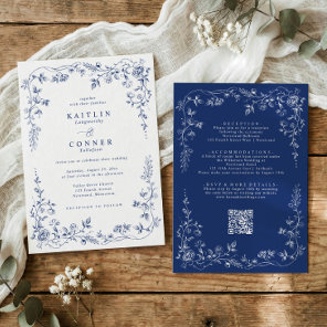 Vintage Navy Blue Victorian French Floral Wedding Invitation