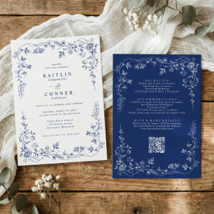 Vintage Navy Blue Victorian French Floral Wedding Invitation