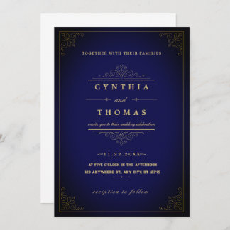 Vintage Navy-Blue Wedding decor Invitation
