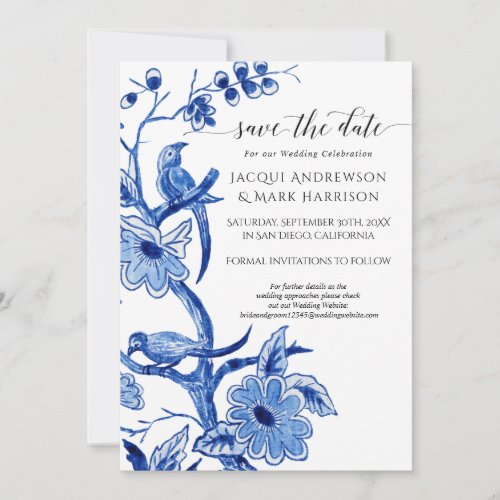 Vintage Navy Blue White Chinoiserie Floral Save The Date