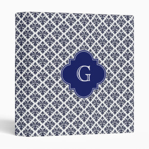 Vintage Navy Blue White Damask #3 Monogram 3 Ring Binder