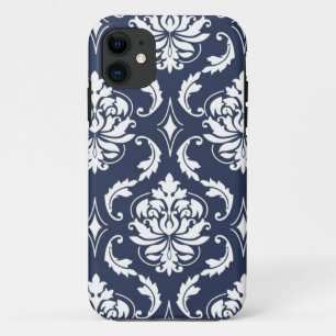 Vintage Navy Blue White Damask Pattern iPhone 11 Case