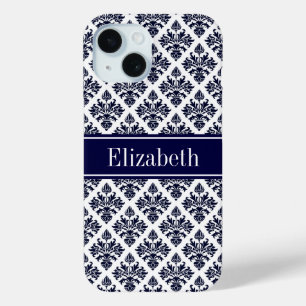 Vintage Navy Blue Wht Damask #3 Navy Name Monogram iPhone 15 Case