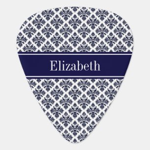 Vintage Navy Blue Wht Damask #3 Navy Name Monogram Guitar Pick