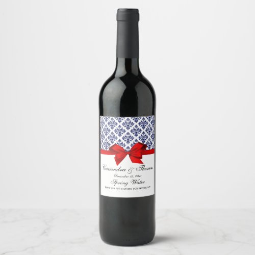 Vintage Navy Blue Wt Damask W Red Bow Wine Label