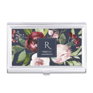 VINTAGE NAVY BLUSH PINK BURGUNDY PROTEA FLORAL BUSINESS CARD CASE