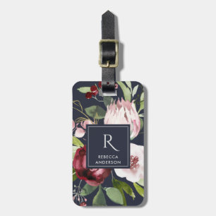 VINTAGE NAVY BLUSH PINK BURGUNDY PROTEA FLORAL LUGGAGE TAG