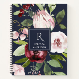 VINTAGE NAVY BLUSH PINK BURGUNDY PROTEA FLORAL NOTEBOOK