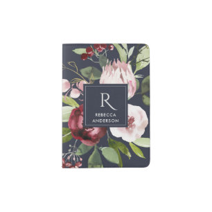 VINTAGE NAVY BLUSH PINK BURGUNDY PROTEA FLORAL PASSPORT HOLDER