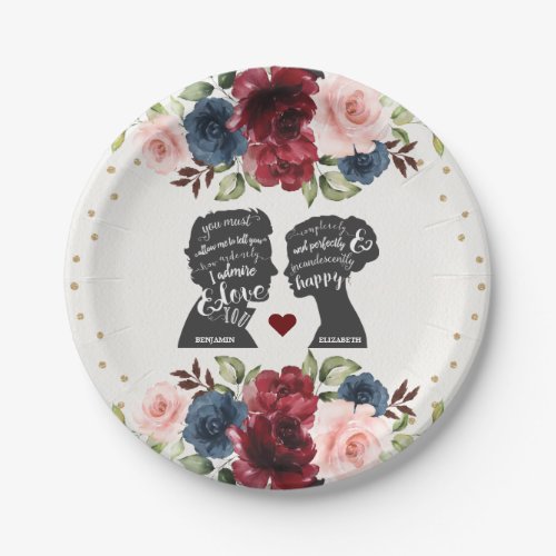 Vintage Navy Burgundy Gold Flower Book Wedding Paper Plates