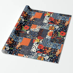 Vintage Navy Coral Floral Patchwork Quilt Wrapping Paper