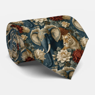 Vintage Navy Crimson Chintz Elephant and Tiger Neck Tie