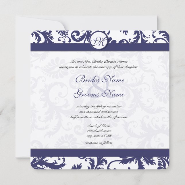 Vintage Navy Damask Swirls Wedding Invitation (Front)