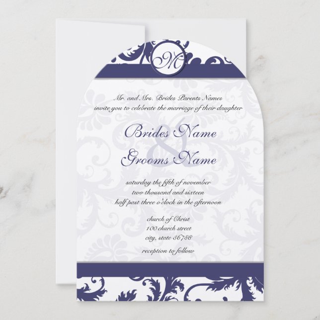 Vintage Navy Damask Swirls Wedding Invitation (Front)