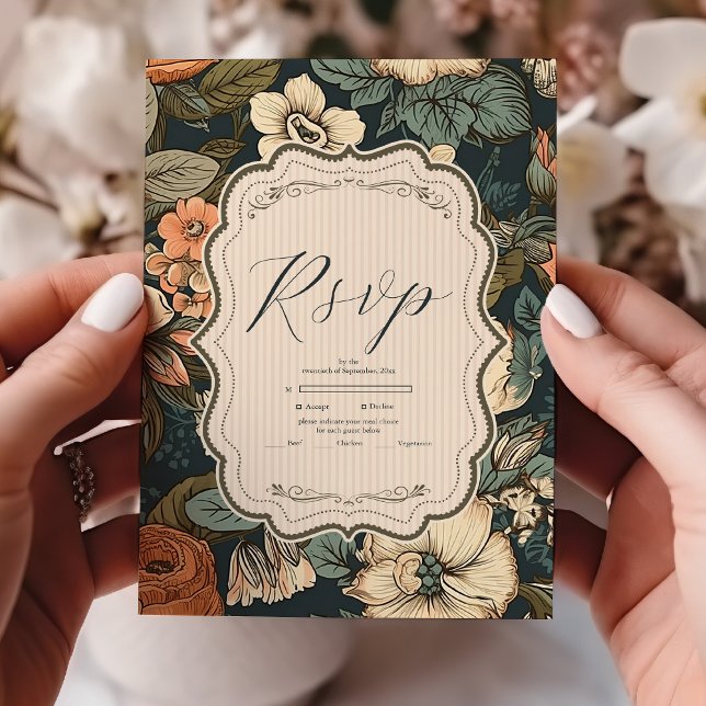Vintage Navy Fall Flowers Wedding RSVP Card (Creator Uploaded)
