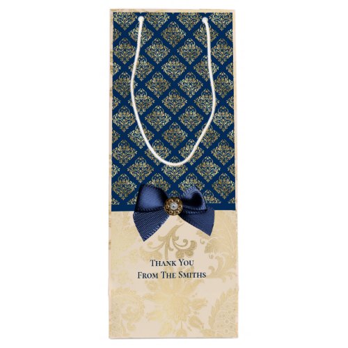 Vintage Navy Gold Damask Look Thank You with Name Wine Gift Bag
