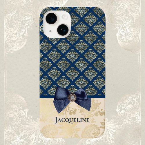 Vintage Navy Gold Damask Look with Bow and Name  Case_Mate iPhone 14 Case
