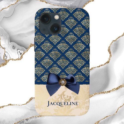 Vintage Navy Gold Damask Look with Bow and Name Case_Mate iPhone 14 Plus Case