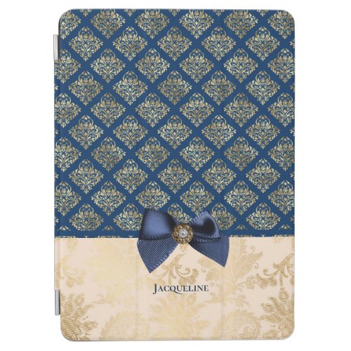 Vintage Navy Gold Damask Look with Bow and Name iPad Air Cover