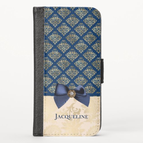 Vintage Navy Gold Damask Look with Bow and Name iPhone X Wallet Case