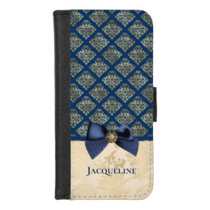 Vintage Navy Gold Damask Look with Bow and Name iPhone 8/7 Wallet Case