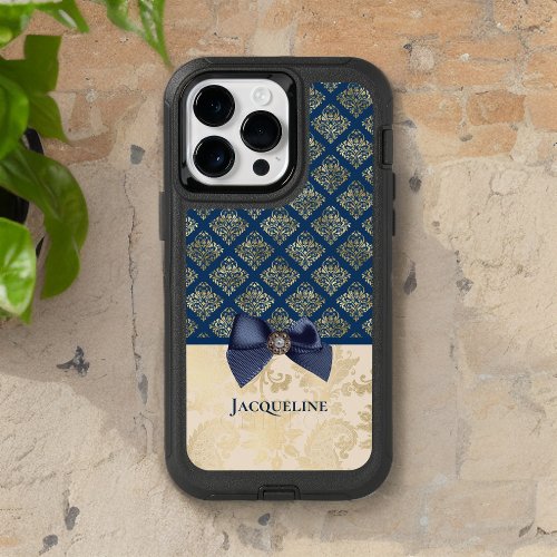 Vintage Navy Gold Damask Look with Bow and Name OtterBox iPhone 14 Pro Max Case