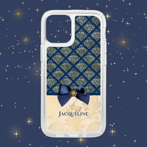 Vintage Navy Gold Damask Look with Bow and Name Speck iPhone 14 Case