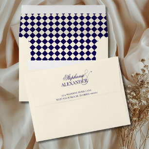 Vintage Navy & Ivory Checkered Old Money Wedding Envelope