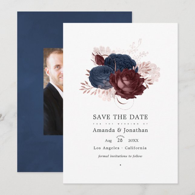 Vintage Navy, Maroon and Rose Gold Floral Wedding Save The Date (Front/Back)