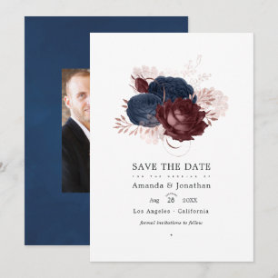 Vintage Navy, Maroon and Rose Gold Floral Wedding Save The Date