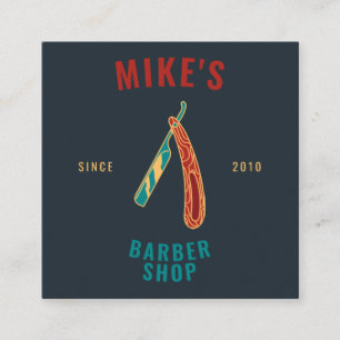 Vintage navy mens barbershop razor hair stylist square business card