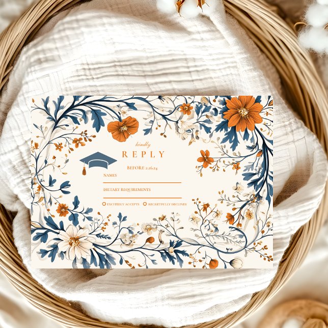 Vintage Navy Orange Floral Graduation RSVP Card (Creator Uploaded)