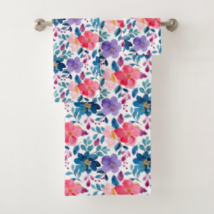 Vintage Navy Pink Lilac Floral Pattern Bath Towel Set