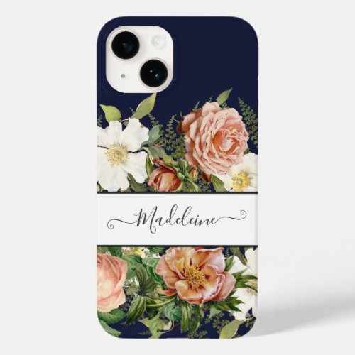 Vintage Navy Pink n White Floral w Pretty Flowers Case_Mate iPhone 14 Case