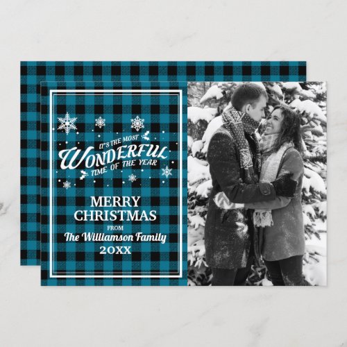 Vintage Navy Plaid Christmas Photo Greeting Card - Vintage navy blue buffalo plaid pattern and font choice for these lovely Christmas photo card greetings that are a throwback to yesteryear.