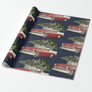 Vintage Navy & Red Car Tree on Top Wrapping Paper