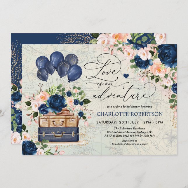 Vintage Navy Travel Bridal Shower Adventure Invitation (Front/Back)