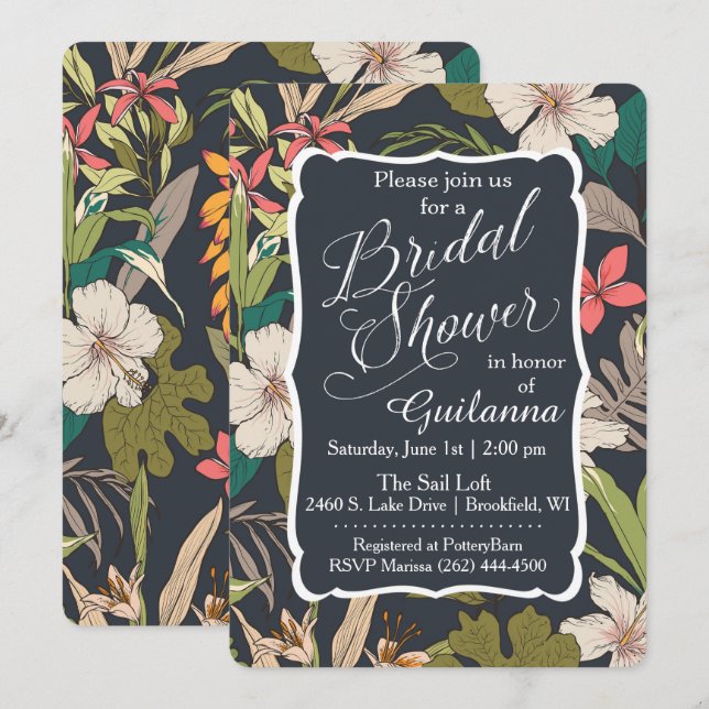 Vintage Navy Tropical Bridal Shower Invitation (Front/Back)