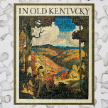 Vintage NC Wyeth Travel Poster, In Old Kentucky Jigsaw Puzzle<br><div class="desc">Vintage illustration United States of America travel poster or luggage label for Kentucky by N. C. Wyeth featuring two pioneers or frontiersmen in the mountains of the back country wearing traditional leather clothes, coonskin hats and hunting for deer in the forest. A valley with a river is in the distance....</div>