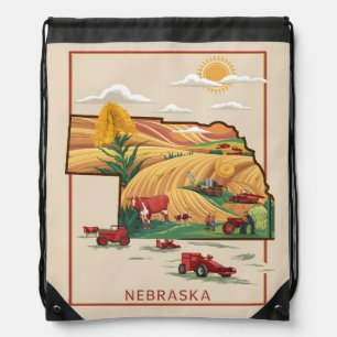 Vintage Nebraska Heartland Farm Scene Drawstring Bag
