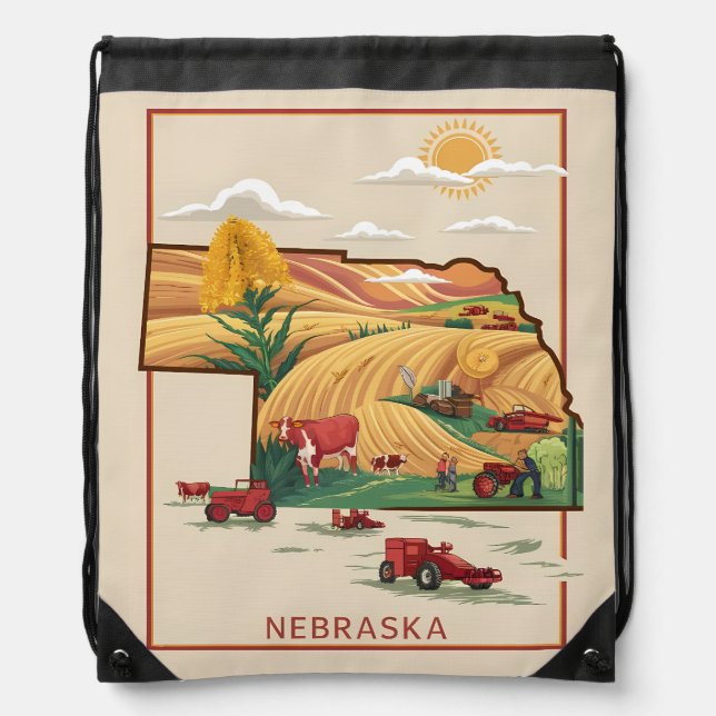 Vintage Nebraska Heartland Farm Scene Drawstring Bag (Front)
