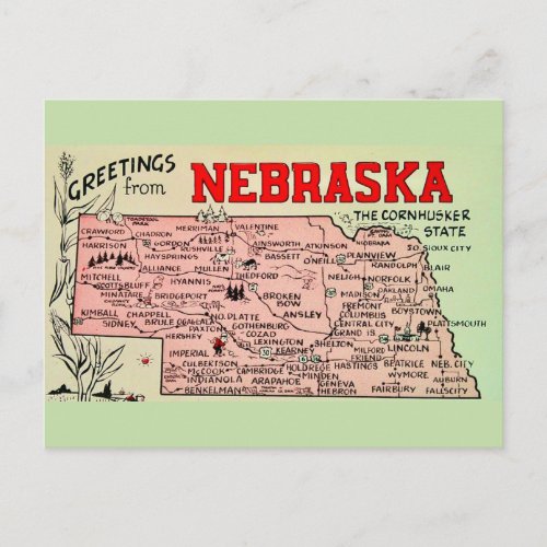 Vintage Nebraska Map Postcard