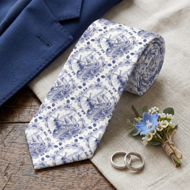 Vintage Neck Tie With Dutch Delft Blue Windmill (Creator Uploaded)
