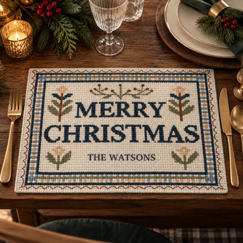 Vintage Needlepoint Style Merry Christmas Family Cloth Placemat