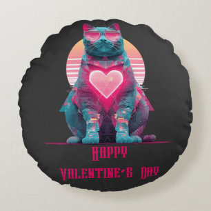 Vintage Neon Cat Valentine`s Day  Round Pillow